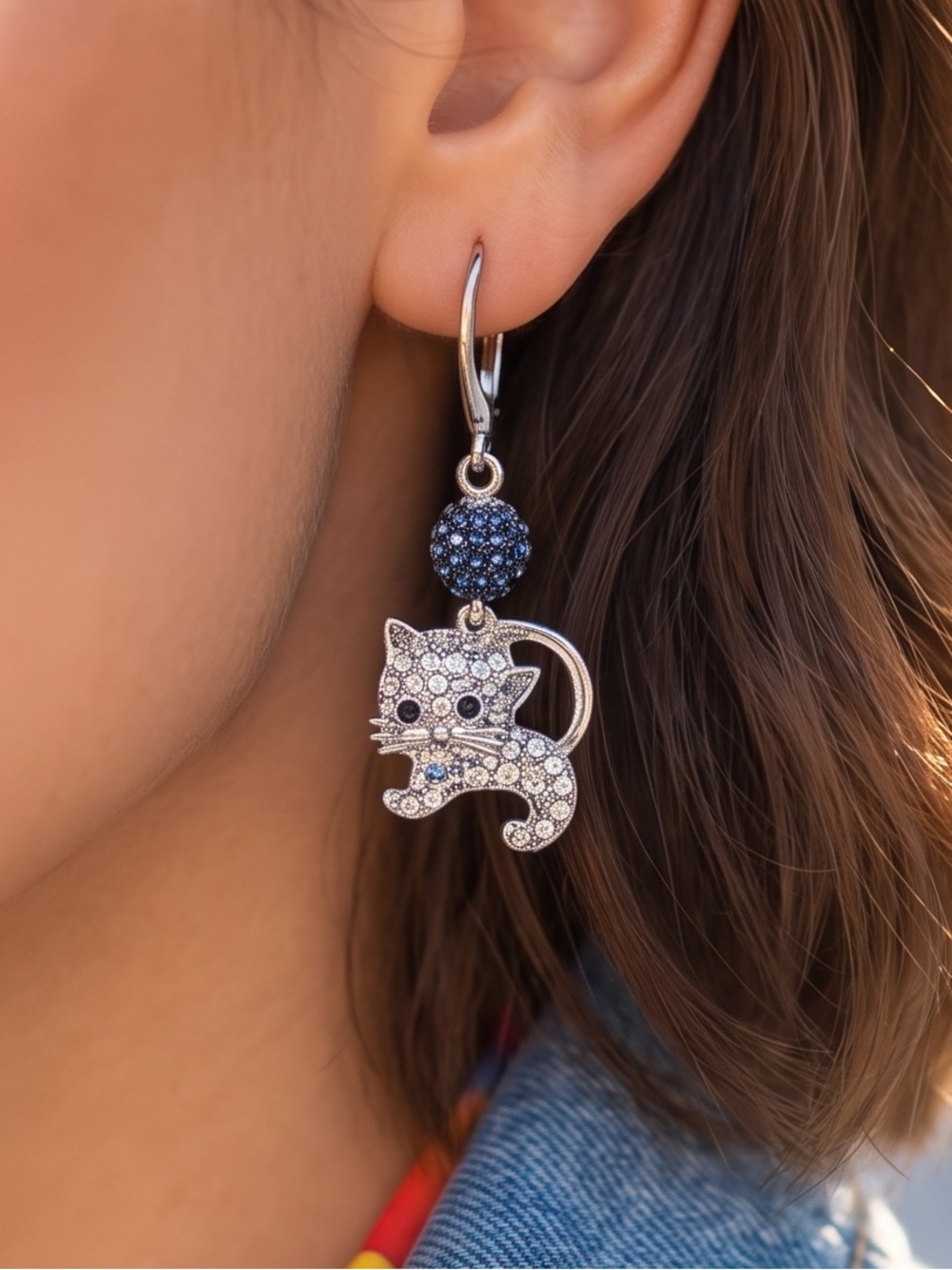 Cat Drop Earrings in Navy and Multicolor Crystal - Picture 6 of 7